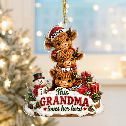 Personalized Acrylic Ornament, Grandma Loves Her Herd with Cuddling Cows in Festive Snow, Creative Gift for Grandma