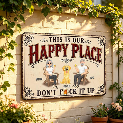 Personalized Rectangular Iron Sign With Seated Couple & Dog, Vintage Happy Place Unique Gift