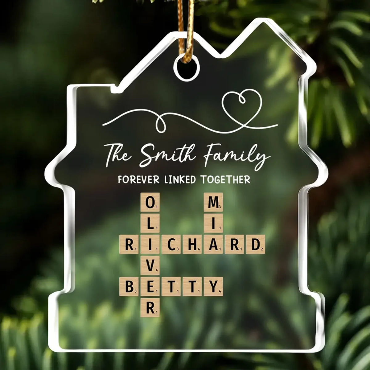 Personalized Acrylic Ornament, House Shaped Family Keepsake With Linked Heart, Unique Gift for Parents