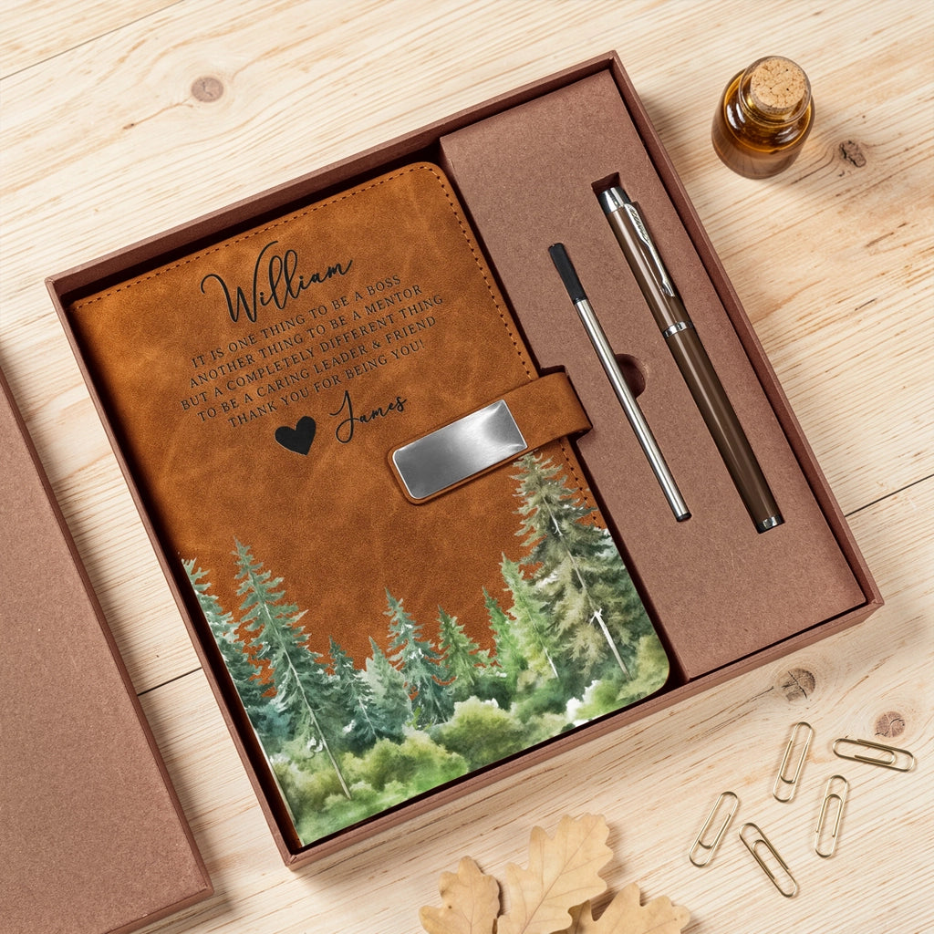 Personalized Metal Buckle Notebook Set with Thank You Quote, Forest Wa ...