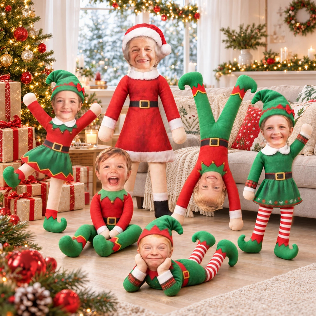 Personalized Photo Squishy Plush Doll, Playful Elf Poses in a Cozy Christmas Room, Unique Gift for Family