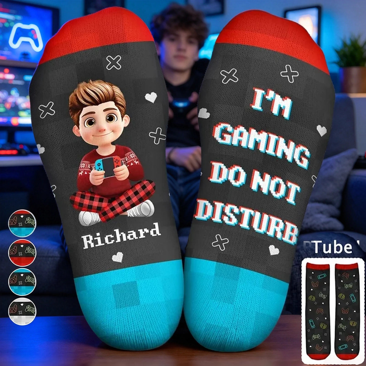 Personalized Crew Socks with Seated Gamer Cartoon, Pixel Quote, Unique Gift for Gamers