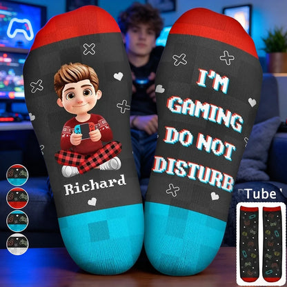 Personalized Crew Socks with Seated Gamer Cartoon, Pixel Quote, Unique Gift for Gamers