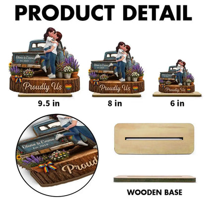 Personalized LGBT Couple 2-Layer Wooden Plaque, Kissing Pickup Truck Art, Proudly Us Creative Gift