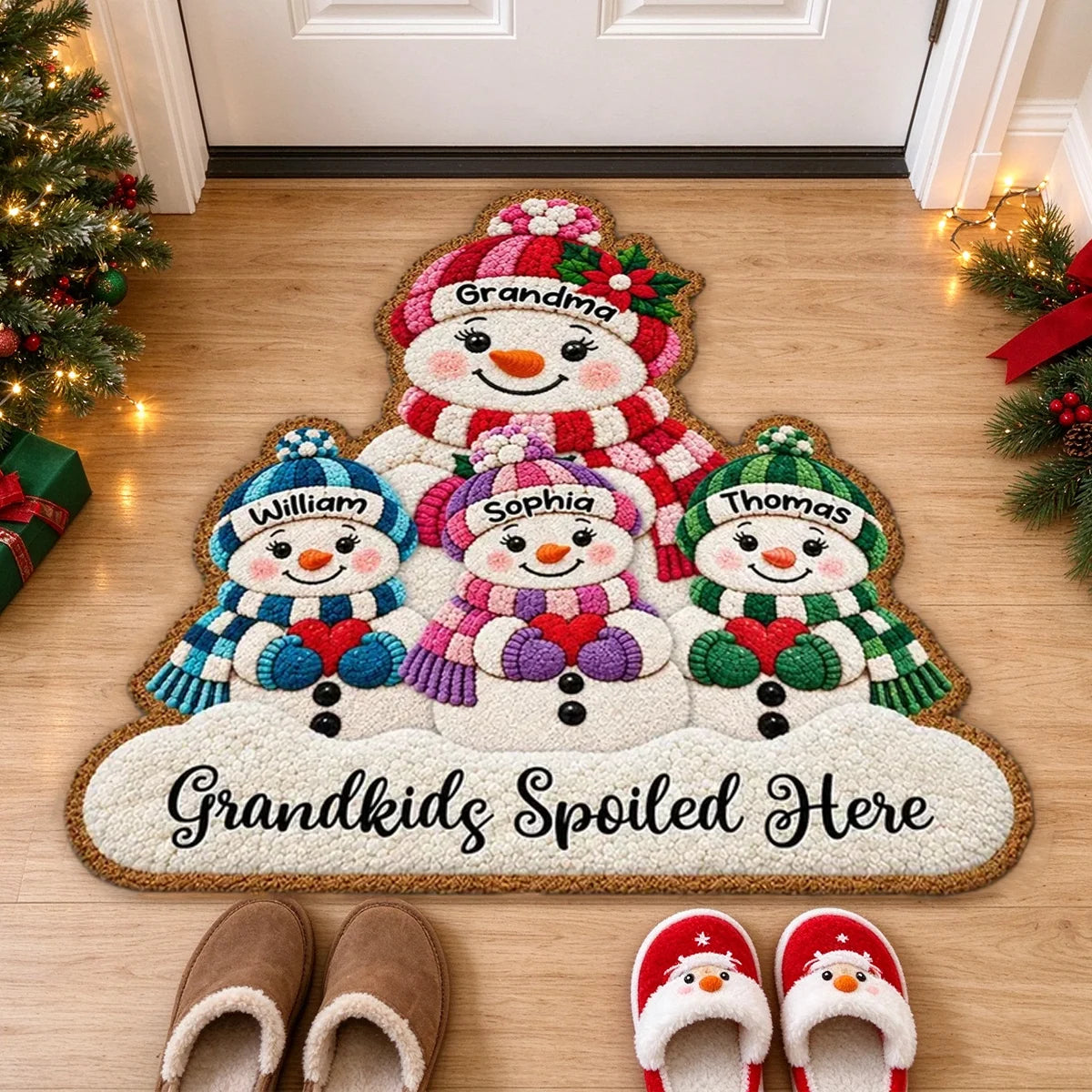 Personalized Shaped Doormat, Grandma and Grandkids Snowmen Christmas Decor, Unique Gift for Grandma
