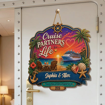 Personalized Wooden Sign, Cruise Partners for Life Tropical Sunset Decor, Unique Gift for Couples