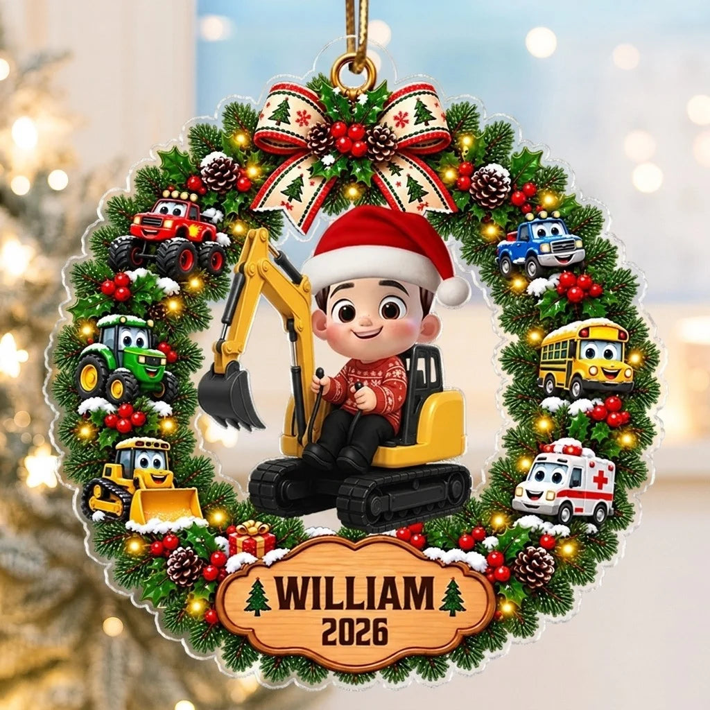 Personalized Acrylic Ornament With Boy on Excavator and Colorful Christmas Wreath, Unique Gift for Grandson