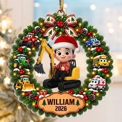 Personalized Acrylic Ornament With Boy on Excavator and Colorful Christmas Wreath, Unique Gift for Grandson