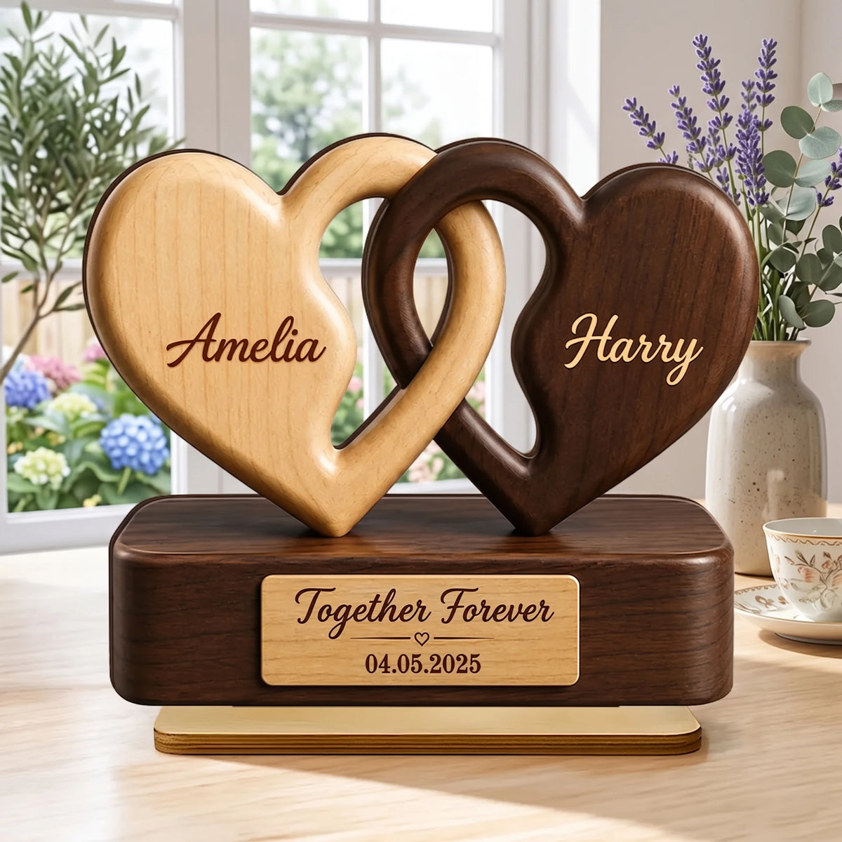 Personalized 2-Layer Wooden Plaque, Interlocking Hearts in Warm Tones, Unique Gift for Couple