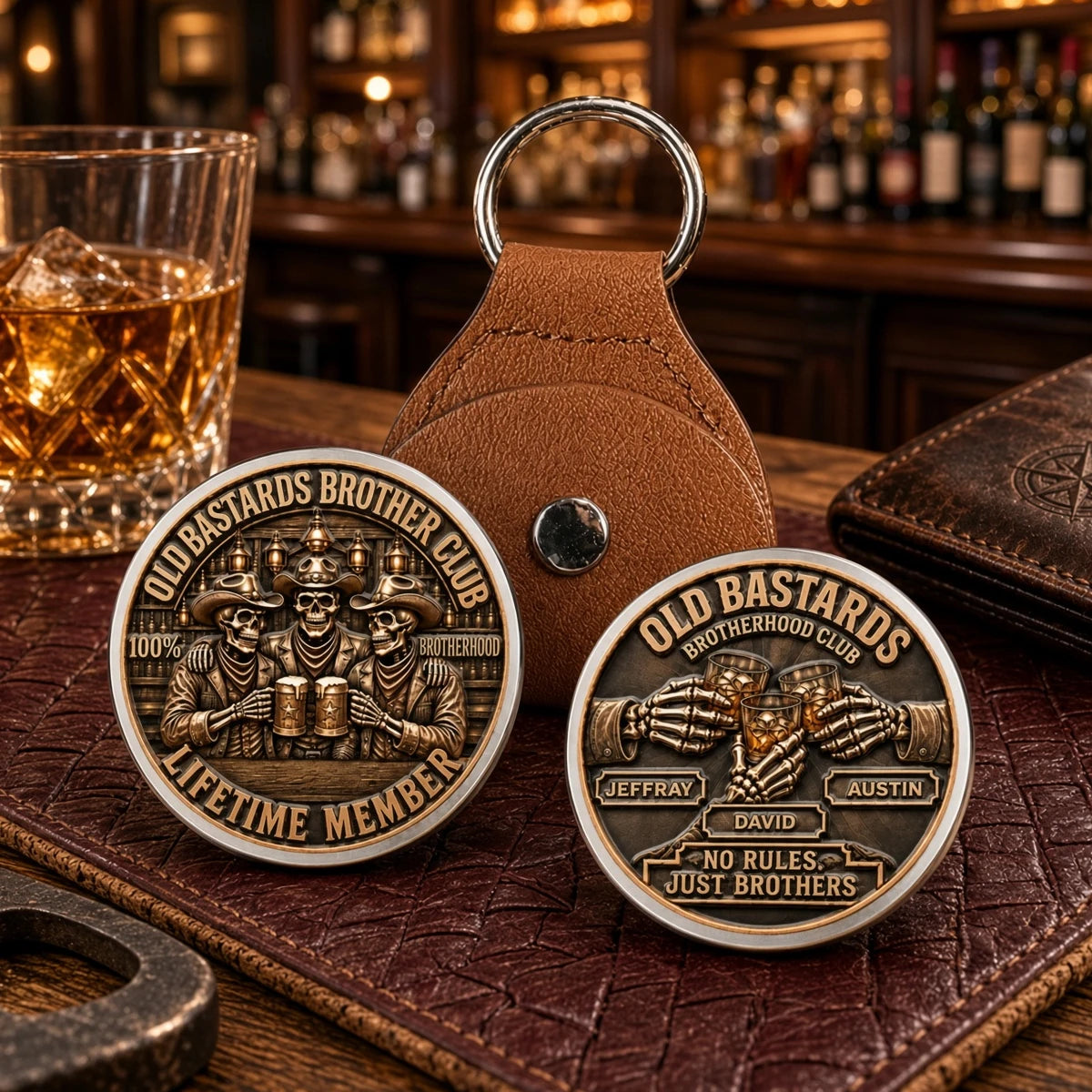 Personalized Pocket Hug with Toasting Skeleton Cowboys in a Rustic Bar, Unique Keepsake Gift for Brother