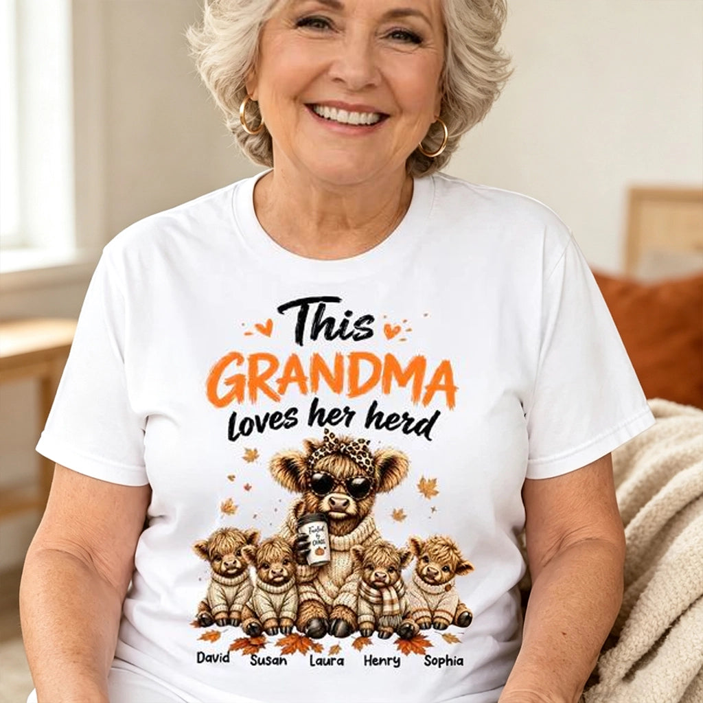Personalized Classic Tee, Grandma Herd Highland Cow Fall Design, Unique Gift for Grandma
