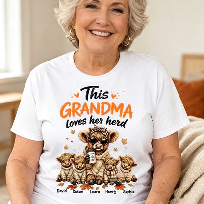 Personalized Classic Tee, Grandma Herd Highland Cow Fall Design, Unique Gift for Grandma