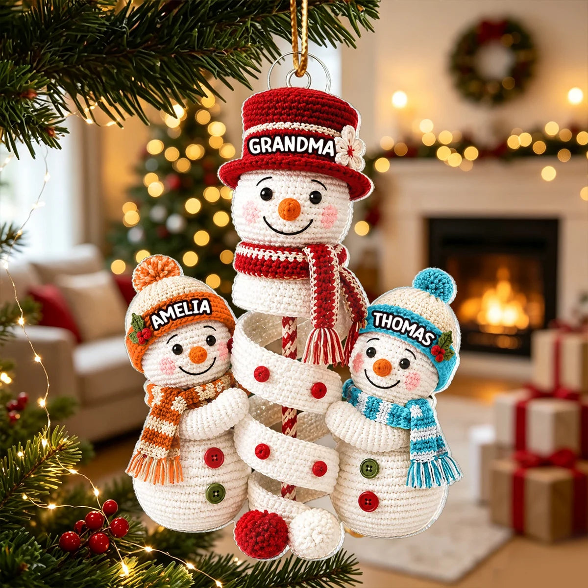 Personalized Acrylic Ornament, Crochet-Style Grandma and Grandkids Building a Snowman, Unique Christmas Gift