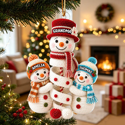 Personalized Acrylic Ornament, Crochet-Style Grandma and Grandkids Building a Snowman, Unique Christmas Gift