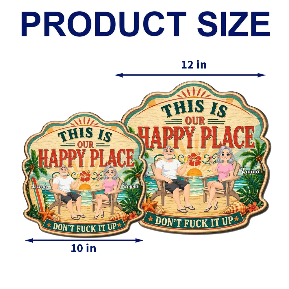 Personalized Wooden Sign With Tropical Happy Place Beach Lounge Scene, Unique Creative Gift for Couple