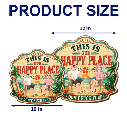 Personalized Wooden Sign With Tropical Happy Place Beach Lounge Scene, Unique Creative Gift for Couple