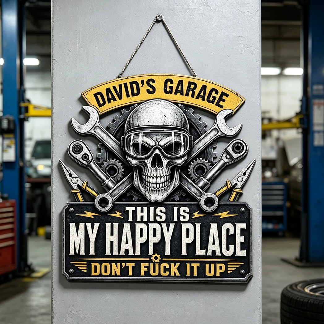 Personalized Wooden Sign, Vintage Skull & Tools Garage Decor, Unique Gift for Mechanics