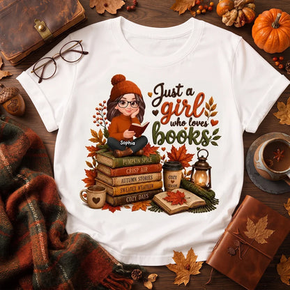 Personalized Classic Tee, Warm Autumn Reading Girl, Just a Girl Who Loves Books, Unique Gift for Readers