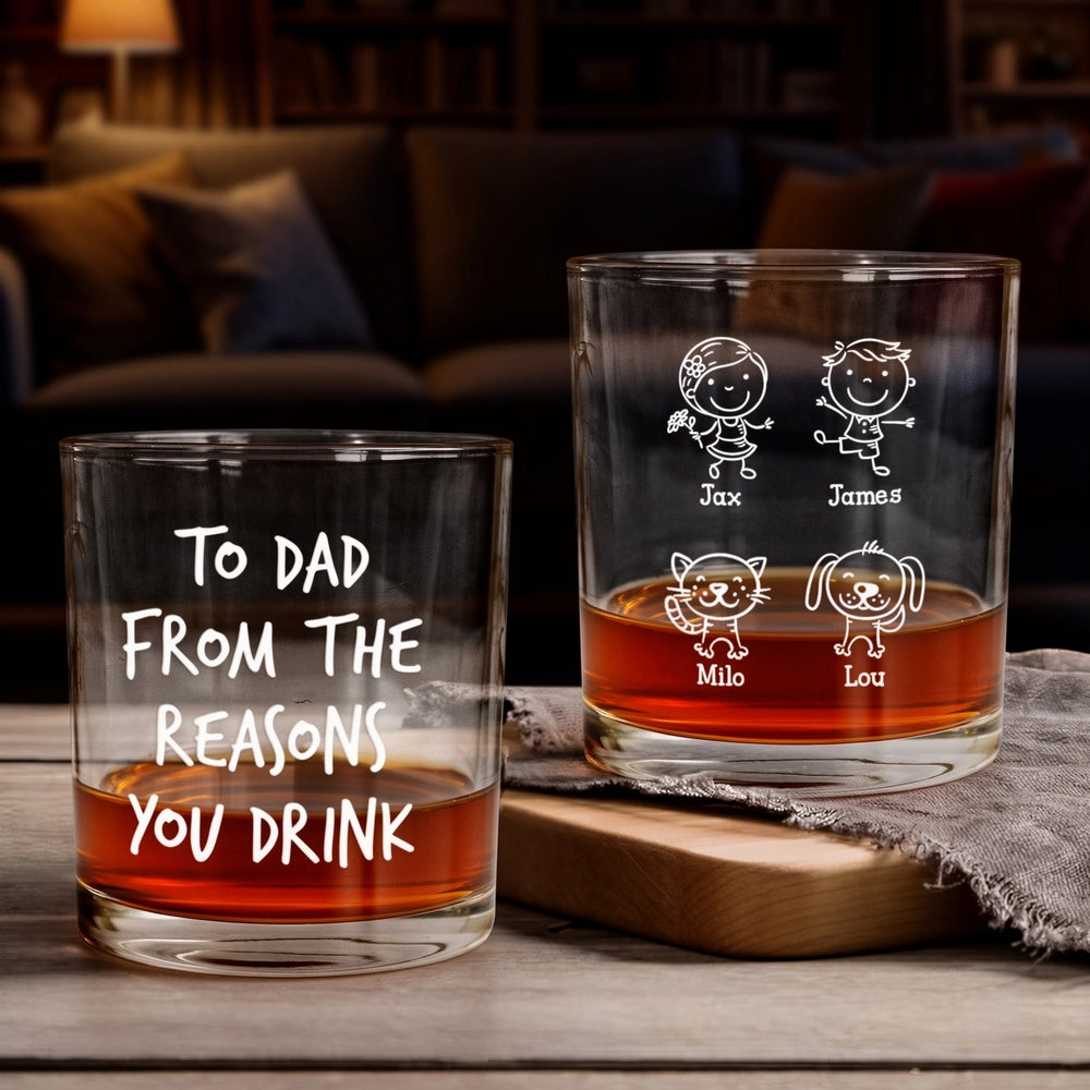 Personalized Whiskey Glass for Dad, Funny 'Reasons You Drink' Cartoon Design, Unique Gift for Father's Day or Birthday
