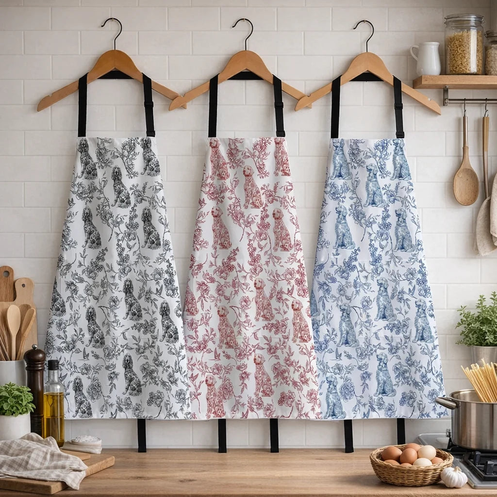 Personalized 3-Pocket Apron, Dog & Floral Toile for Joyful Kitchen Moments, Creative Gift for Mom or Friend