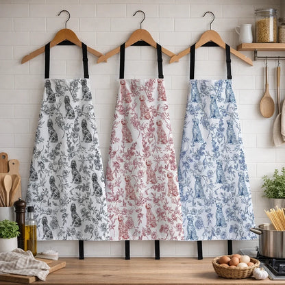 Personalized 3-Pocket Apron, Dog & Floral Toile for Joyful Kitchen Moments, Creative Gift for Mom or Friend