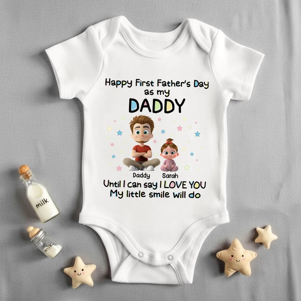 Personalized Short Sleeve Baby Onesie with Sitting Dad & Baby, First Father's Day Unique Gift