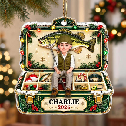 Personalized Acrylic Ornament, Green and Gold Cartoon Angler Holding a Fishing Rod, Unique Christmas Gift for Dad or Grandpa