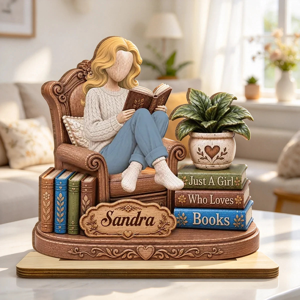 Personalized 2-Layer Wooden Plaque, Woman Reading in a Cozy Chair, Unique Gift for Book Lovers
