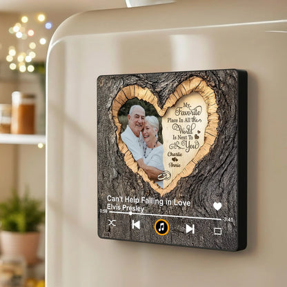 Personalized Acrylic Music Magnet with Couple Photo Heart Woodgrain Look, Romantic Fridge Decor, Unique Gift for Him or Her