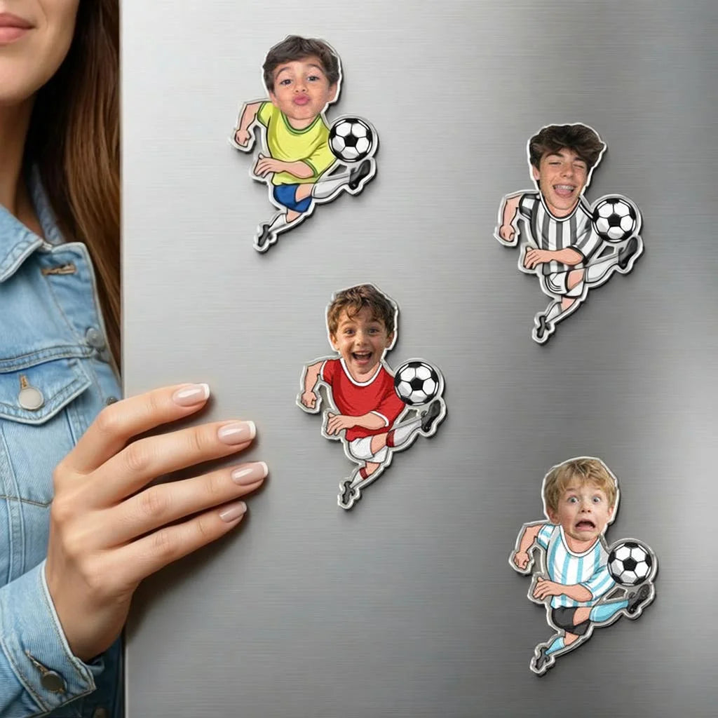 Personalized Soccer Kid Acrylic Magnet, Custom Face Player Fridge Decor, Unique Gift for Young Athletes