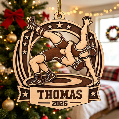 Personalized 2-Layer Wooden Ornament, Warm Brown Wrestling Action, Unique Gift for Son