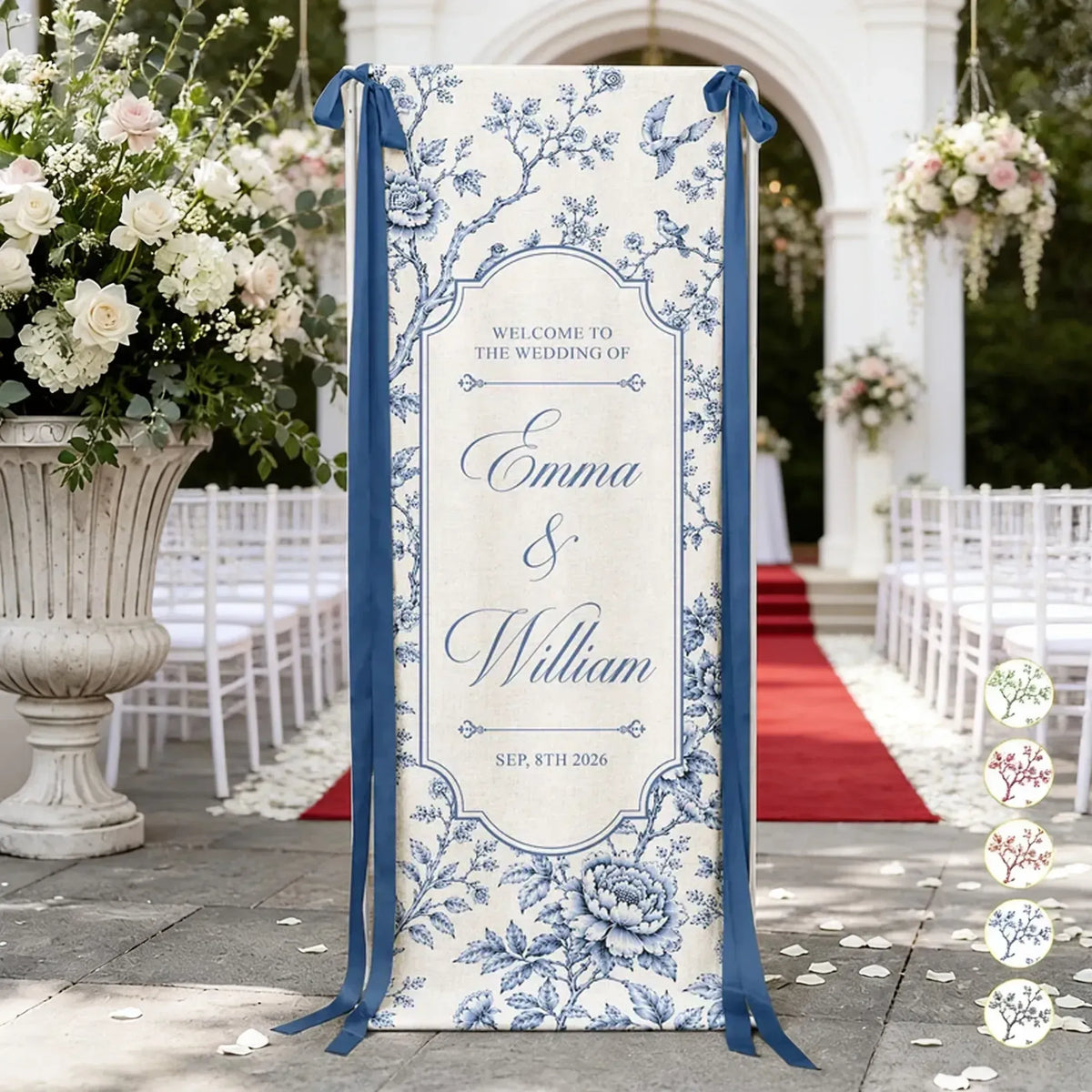 Personalized Welcome Banner with Blue Floral Birds for Wedding Entrance, Unique Gift for Couples