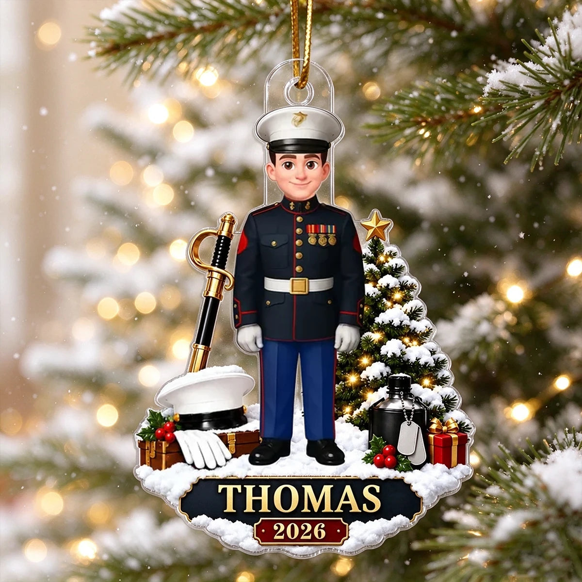Personalized Acrylic Ornament, Marine in Dress Uniform Beside a Snowy Christmas Tree, Unique Gift for Service Members