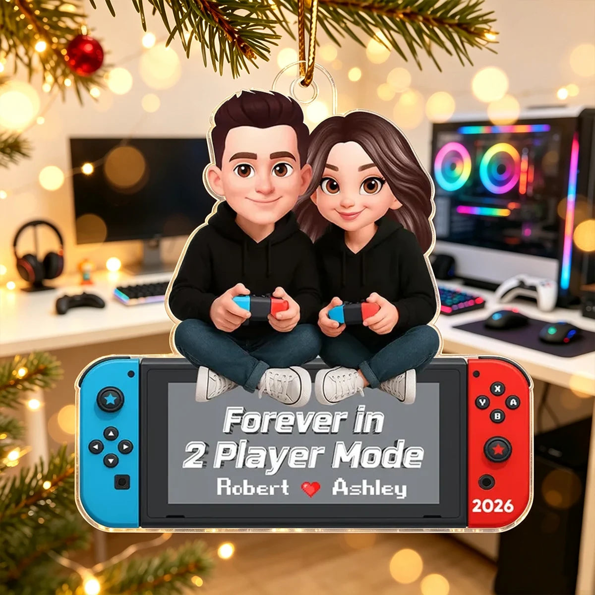 Personalized Acrylic Ornament, Cartoon Couple Holding Controllers, Unique Christmas Tree Gift for Gamers