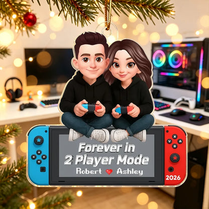 Personalized Acrylic Ornament, Cartoon Couple Holding Controllers, Unique Christmas Tree Gift for Gamers