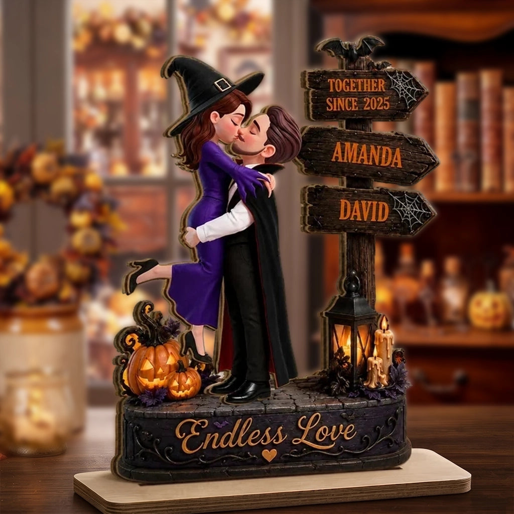 Personalized 2-Layer Wooden Plaque, Kissing Witch Couple Halloween Decor, Unique Gift for Couples