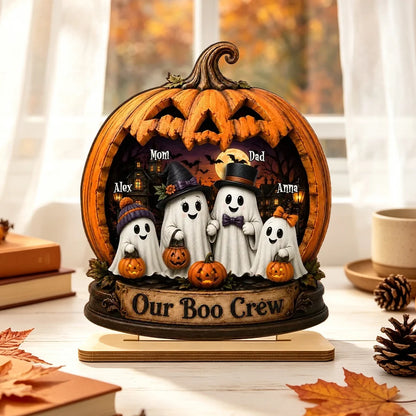 Our Boo Crew 2-Layer Wooden Plaque, Personalized Ghost Family at a Haunted House, Creative Gift for Mom & Dad