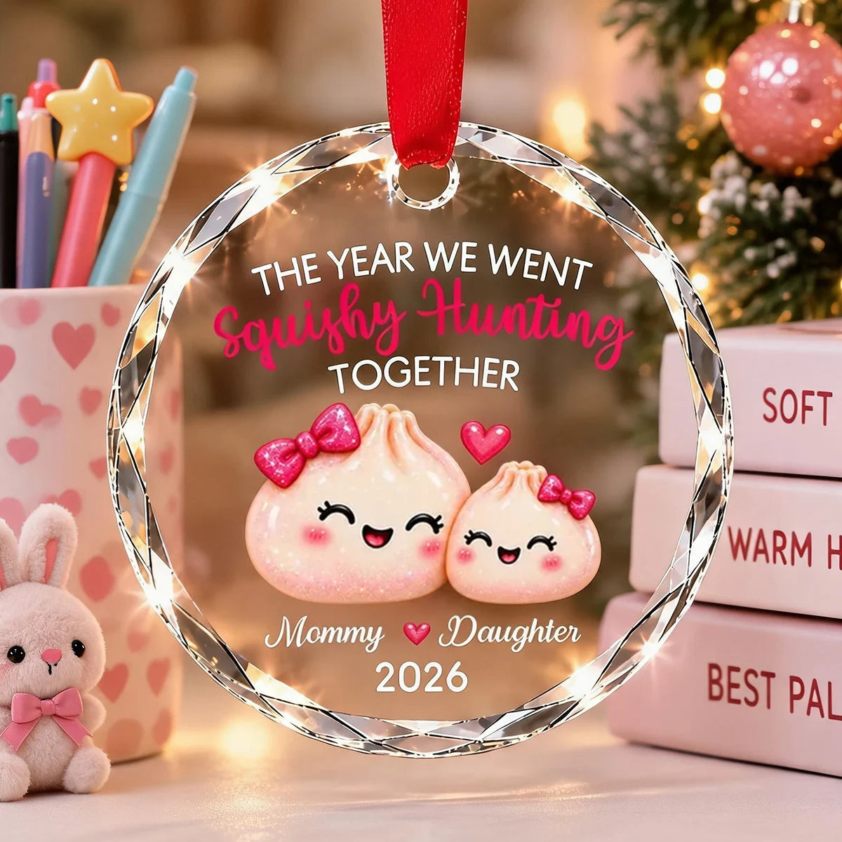 Personalized Crystal Ornament, Cute Mommy and Daughter Squishy Hunt Keepsake, Creative Family Gift