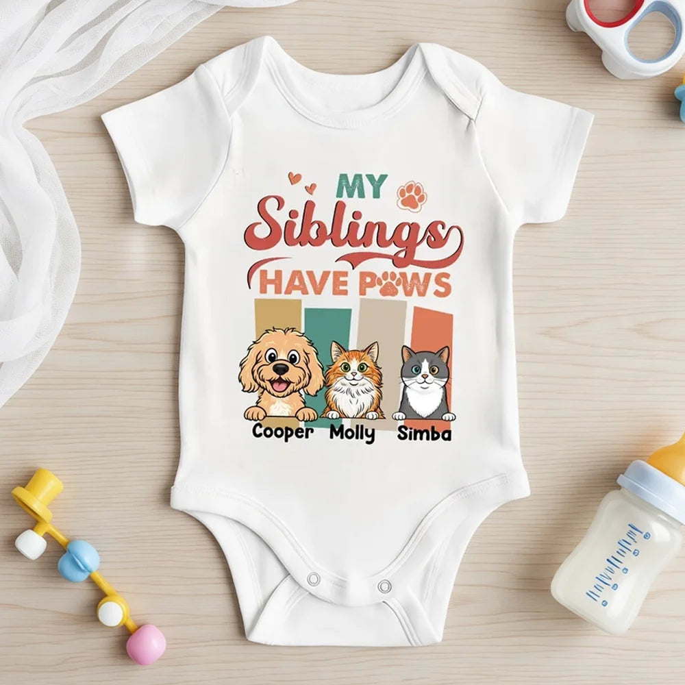 Personalized Short Sleeve Baby Onesie, My Siblings Have Paws, Unique Gift for New Baby