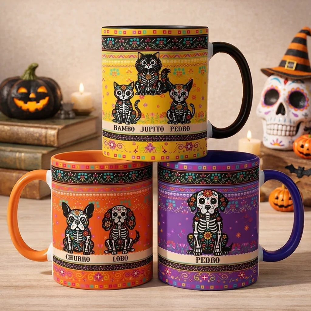 Personalized Day of the Dead Pet Ceramic Mug, Sitting Dog or Cat Portrait, Unique Gift for Pet Owners