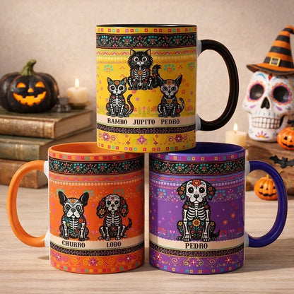 Personalized Day of the Dead Pet Ceramic Mug, Sitting Dog or Cat Portrait, Unique Gift for Pet Owners