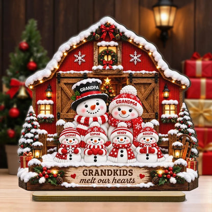 Personalized Wooden Plaque, Snowman Grandparents and Grandkids at a Snowy Red Barn, Unique Christmas Gift