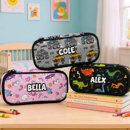 Personalized Full Print Pencil Case with Cartoon Truck, Dinosaur & Unicorn Patterns, Unique Creative Gift for Kids