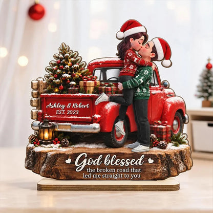 Personalized 2-Layer Wooden Plaque, Kissing Couple by a Red Truck, Unique Christmas Gift for Couples