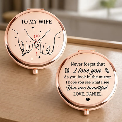 Personalized Metal Compact Mirror For Wife, Pinky Promise Art, Unique Creative Gift She Can Carry