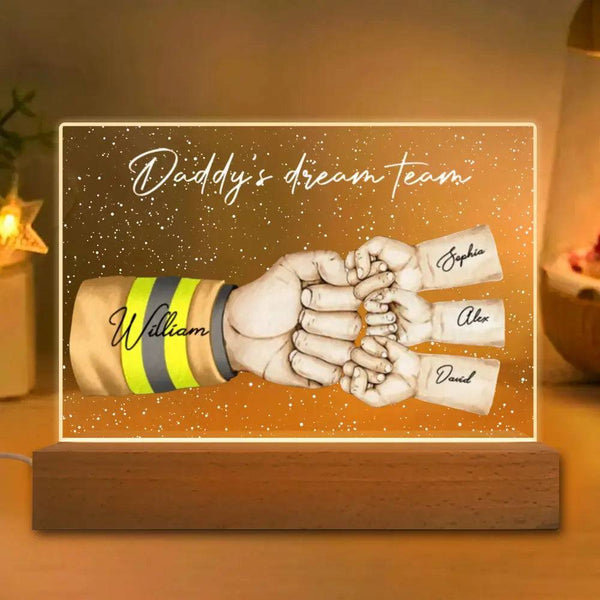 “Daddy's Dream Team” - Personalized Fist Bump Acrylic LED Night Light Plaque- Ideal Father's Day Gift