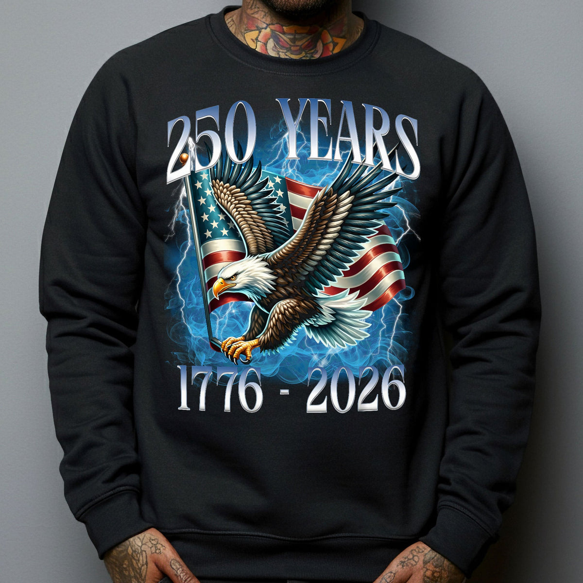 250 Years Patriotic Eagle Over American Flag Classic Tee, Bold Lightning Art, Unique Creative Gift for Proud Americans