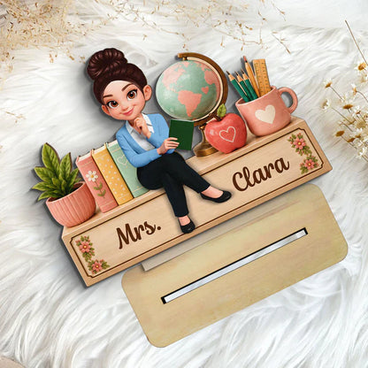 Personalized Wooden Plaque with Sitting Teacher, Books & Globe, Unique Gift for Teacher Desk Display