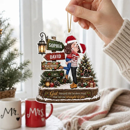 God Blessed the Broken Road Personalized Acrylic Ornament, Kissing Couple in Rustic Christmas Scene, Creative Couple Gift