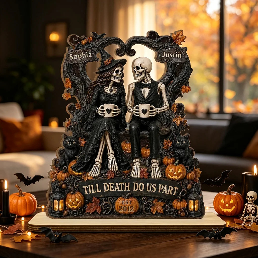 Personalized 2-Layer Wooden Plaque, Gothic Skeleton Couple With Mugs, Unique Anniversary Gift for Couples
